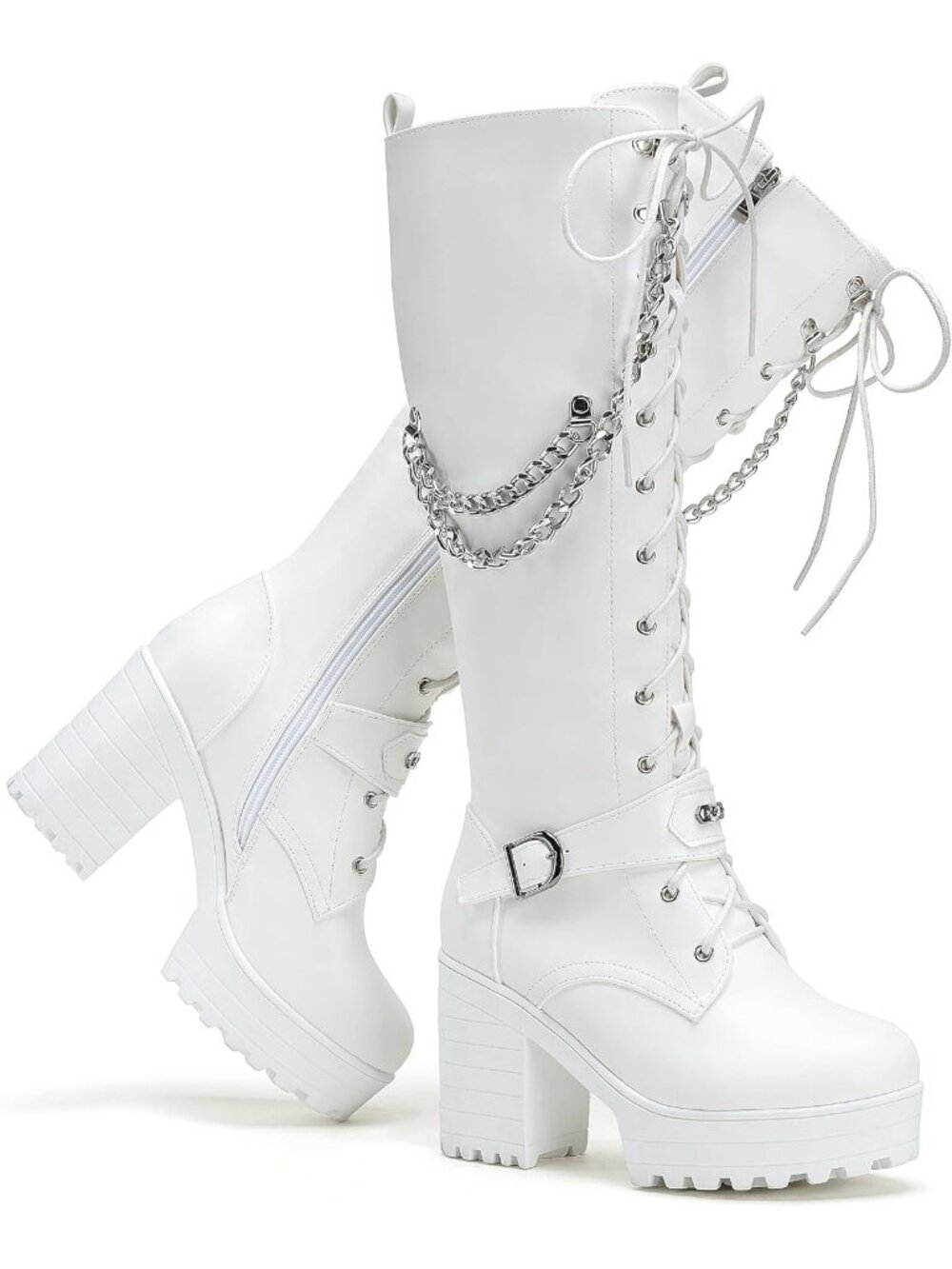 Women's White Rubber Sole Fashion Platform Block Heels Knee High Lace Up Boots